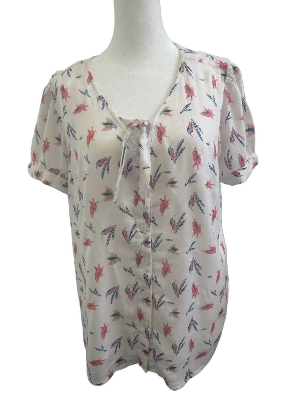 eShakti Wayward Fancies Bird Print Tunic Blouse Top Size L 12 Button Front Boho